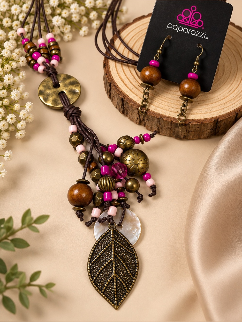 paparazzi Pink and Bronze Beaded Boho Leaf Long Necklace with Earrings - Picture 1 of 3
